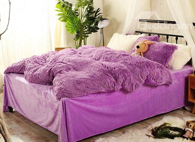 Full Size Solid Purple Super Soft Plush 4-piece Fluffy  Bedding Sets/duvet Cover