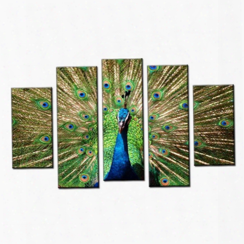 Green Peacock Hanging 5-piece Canvas Non-framed Wall Prints