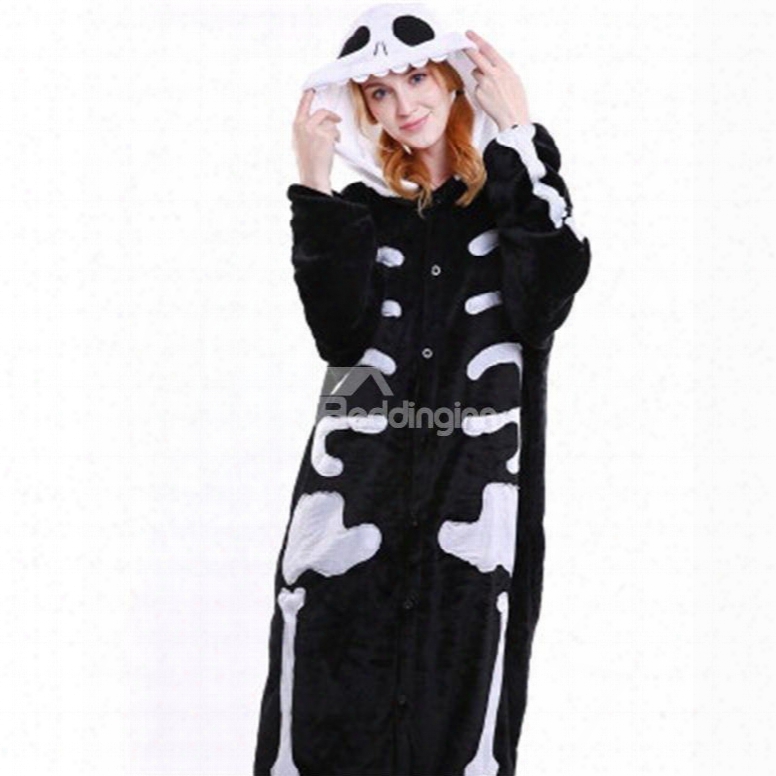 Halloween Black Skull Flannel One-piece Stretchable Pajama Jumpsuit