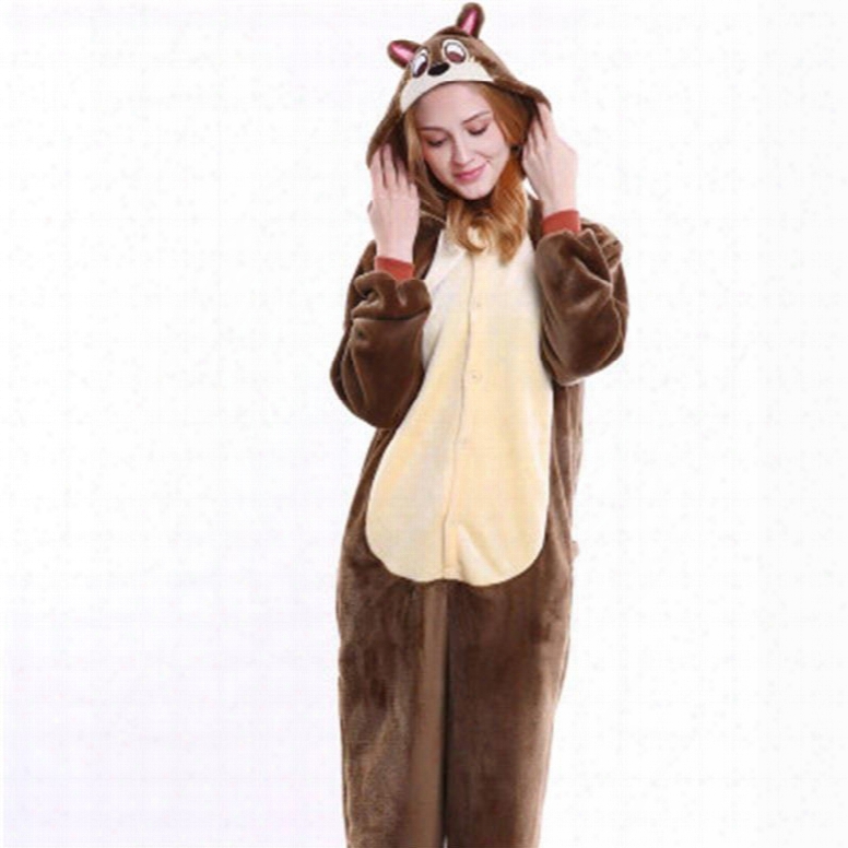 Halloween Brown Chippmunk Flannel One-piece Stretchable Pajama Jumpsuit