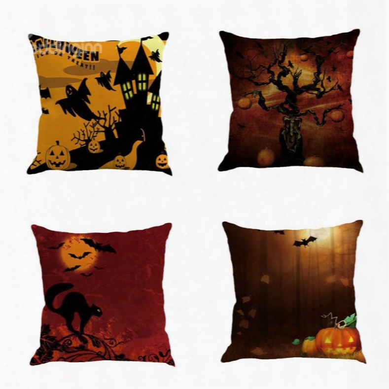 Halloween Night Scene And Bats Pattern Linen Square Throw Pillow