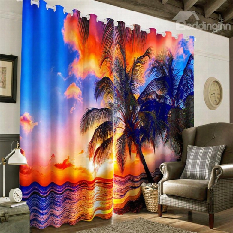 High Palm Trees And Grand Sunset Scenery With Broad Sea Printing Decorative 3d Curtain