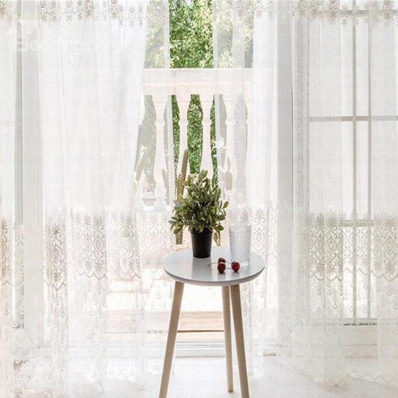 Korean Style Pastoral White Color With Embroidered Lace Custom Sheer Curtain