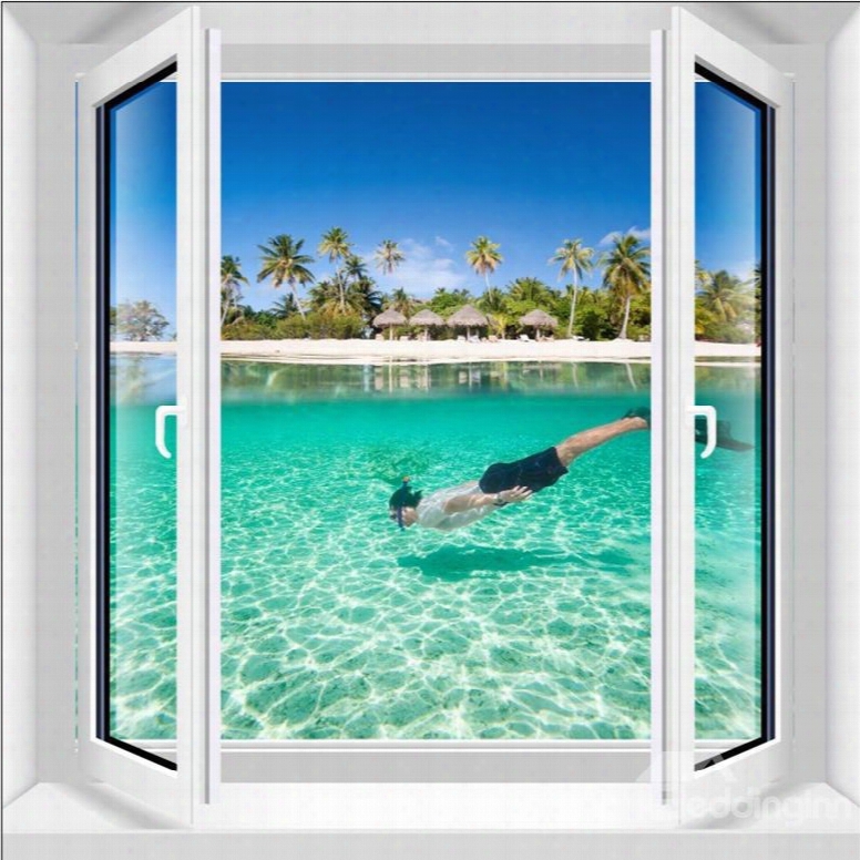 Leisurely Boy Swimming In The Limpid Sea Window View Pattern 3d Wall Stickers