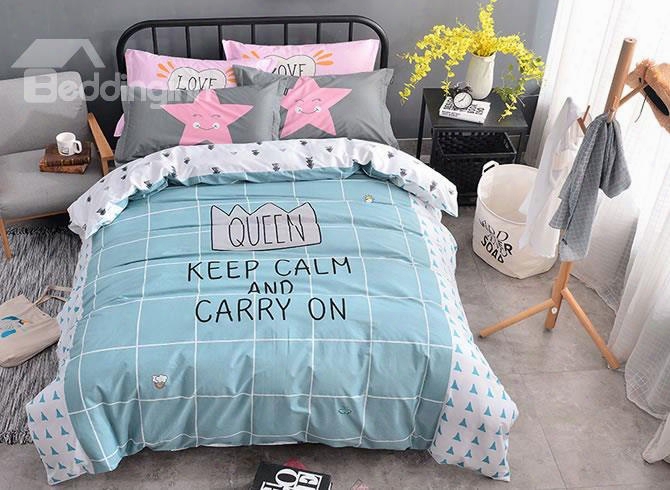 Letters And Grid Printed Cotton Blue Kids Duvet Covers/bedding Sets