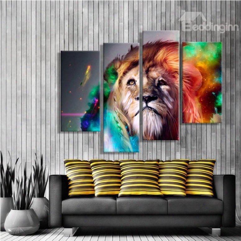 Lion Head With Colorful Hair Hanging 4-piece Canvas Non-framed Wall Prints