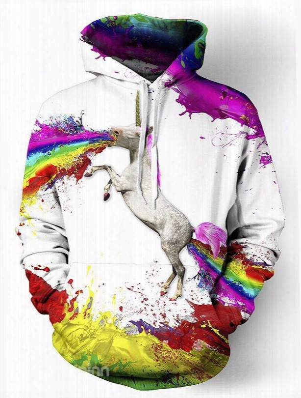 Long Sleeve Unicorn Colorful Rainbow Pattern 3d Painted Hoodie