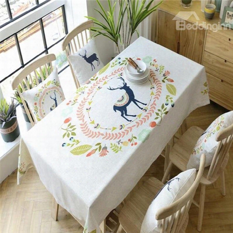Lovely Deer In Beautiful Floral Ring Thick Fabric Square Dinning Table Cloth