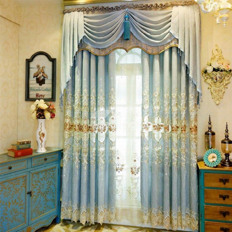 Modern And Pastoral Light Blue With Beautiful Flowers Breathable And Decorative Shading Curtain