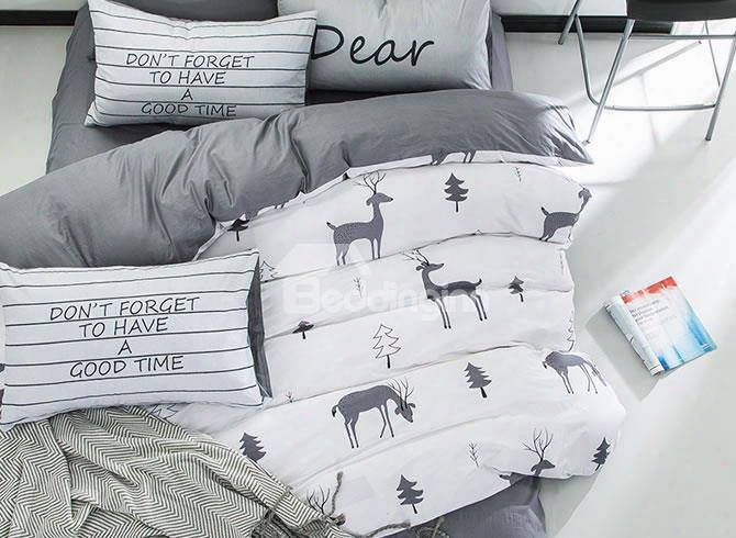 Nordic Style Deer Printed Cotton White Kids Duvet Covers/bedding Sets