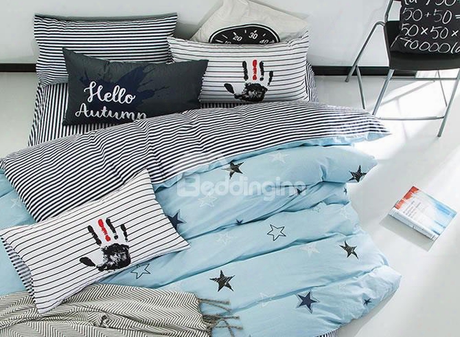 Nordic Style Stars Printed Cotton Blue Kids Duvet Covers/bedding Sets