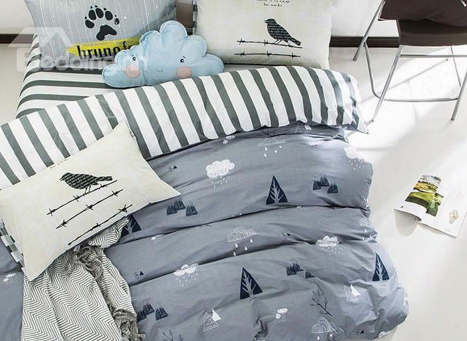 Nordic Style Trees Printed Cotton Gray Kids Duvet Covers/bedding Sets