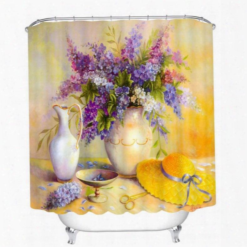 Oil Painting Flowers And Yellow Hat 3d Printed Bathroom Waterproof Shower Curtain