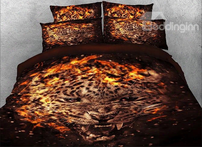 Onlwe 3d Fiery Leopard Face Printed Cotton 4-piece Bedding Sets/duvet Covers