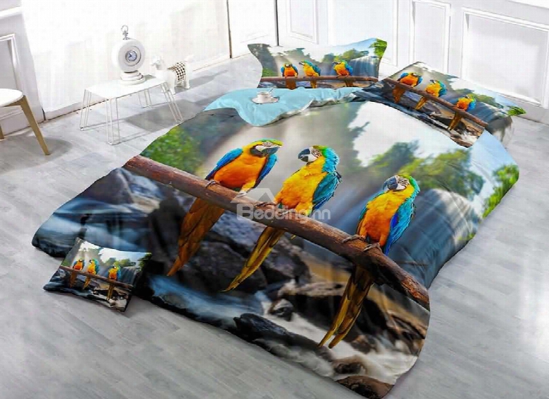 Parrots On A Branch Print Cotton 4-piece Bedding Sets/duvet Covers