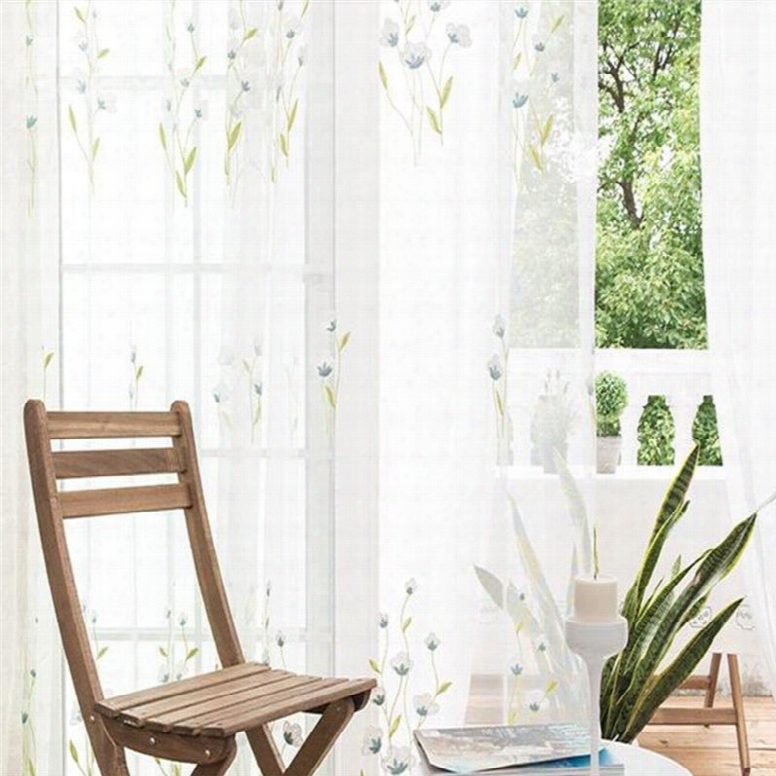 Pastoral Style White Color With Blue Flowers 2 Panels Custom Sheer Curtain For Living Room
