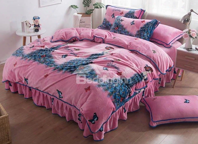 Peacock Princess Fairy With Butterflies Flying Pink Soft 4-piece Bedding Sets/duvet Cover