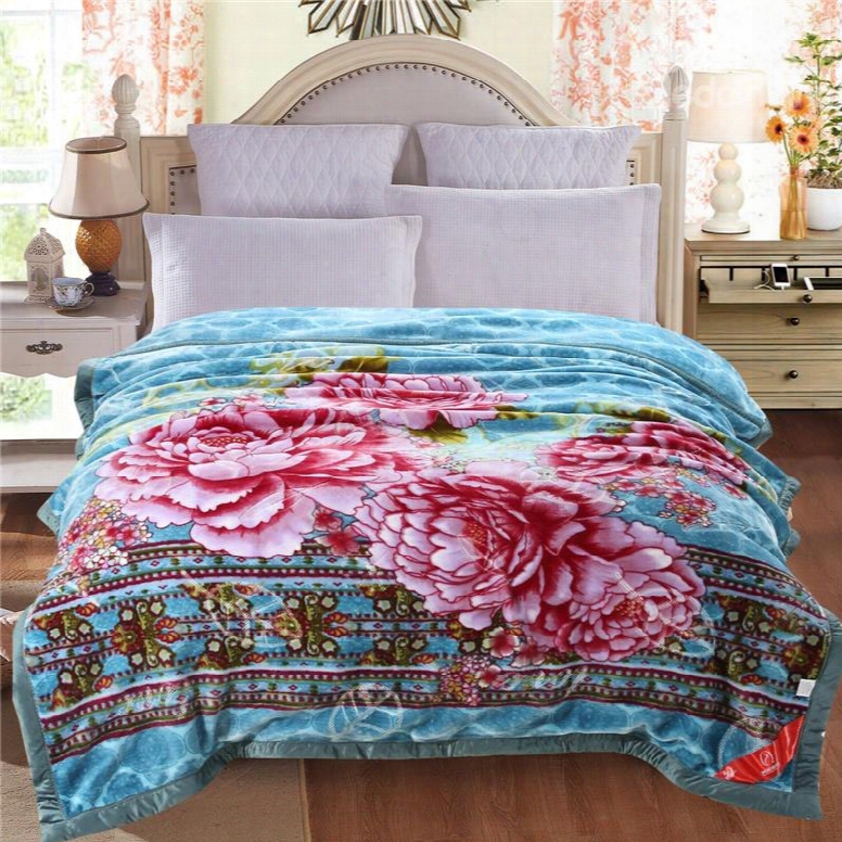 Pink Peonies Blooming Printed Sky Blue Plush Flannel Fleece Bed Blankets