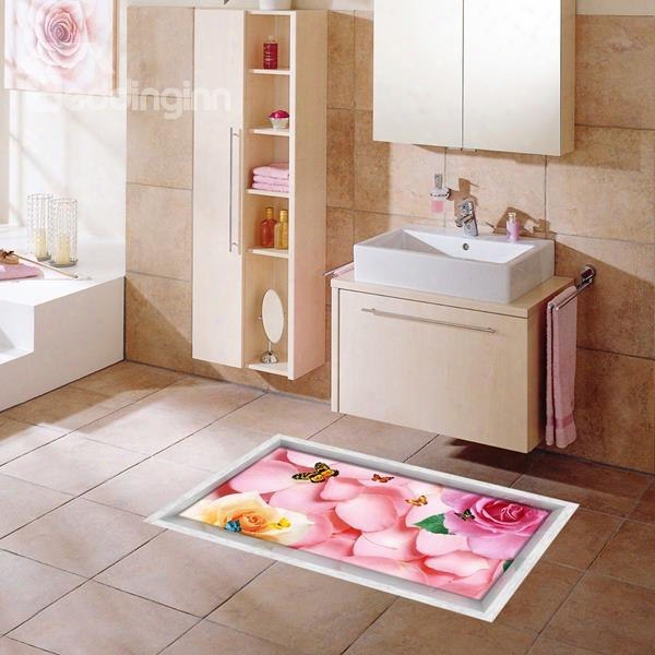 Pink Roses Pattern Slipping-preventing Water-proof Bathroom 3d Floor Sticker