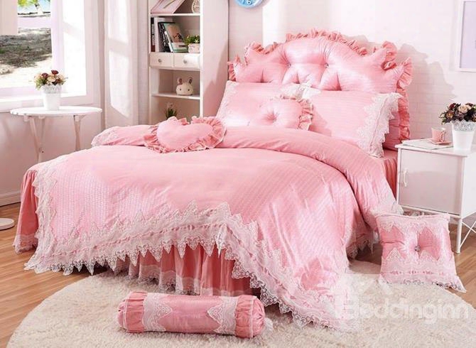 Princess Style Lace Trim Pink 4-piece Cotton Duvet Cover Set