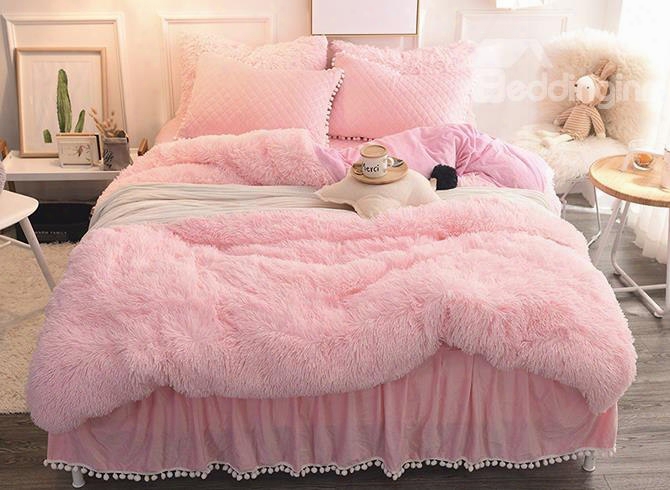 Princess Style Solid Pink With Quilting Bed Skirts Thick 4-piece Fluffy Bedding Sets