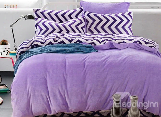 Purple Wave-like Pattern Reversible Solid Color Block Flannel 4-piece Bedding Sets/duvet Cover