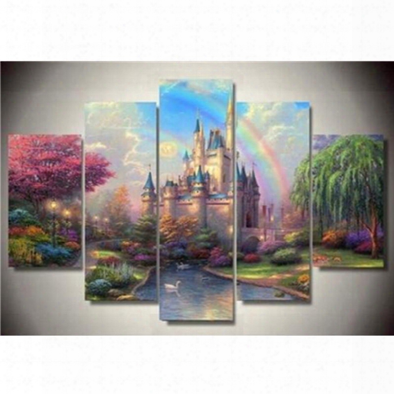 Rainbow And Castle Hanging 5-piece Canvas Eco-friendly And Waterproof Non-framed Prints