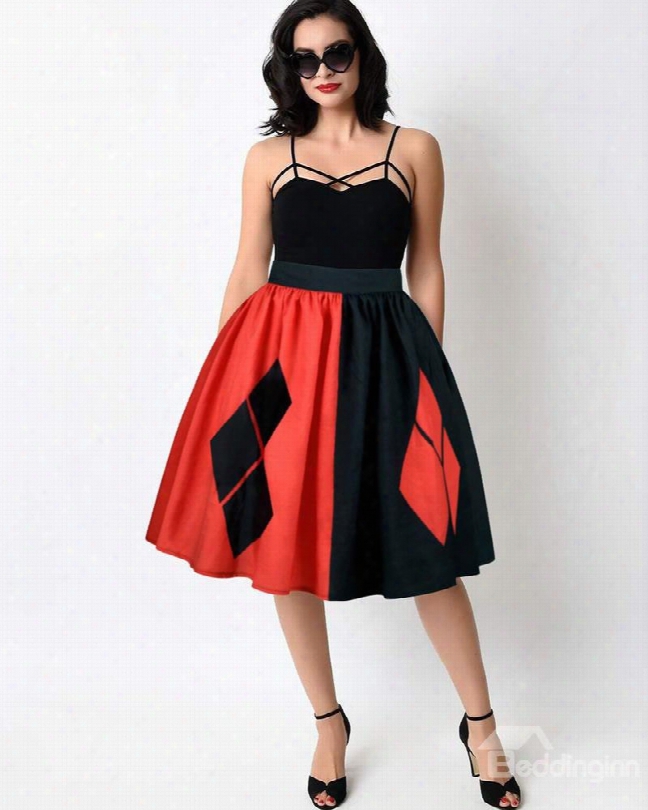 Red Black Diamond Shap E Pattern Formal Midi 3d Printing Skirt