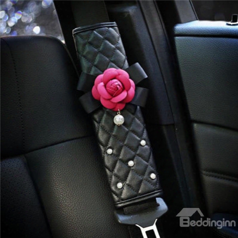 Red Camellia Design With Artificial Earls Lovely Car Seat Belt Cover