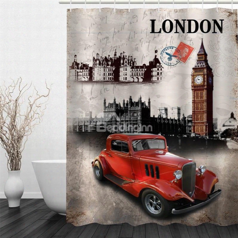 Red Car And Architectures In London 3d Polyester Waterproof And Eco-friendly Shower Curtain