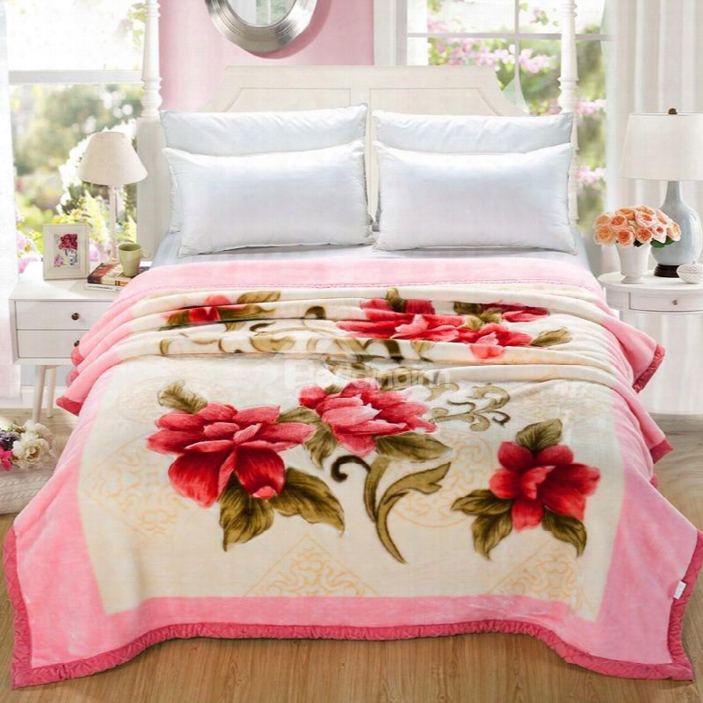 Red Clip Cord Flowers Printed Pink Flannel Fleece Bed Blankets