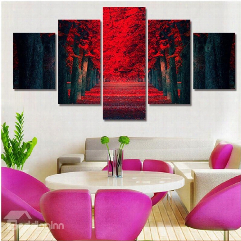 Red Path On Both Sides Of Trees Hanging 5-piece Canvas Waterproof Non-framed Prints