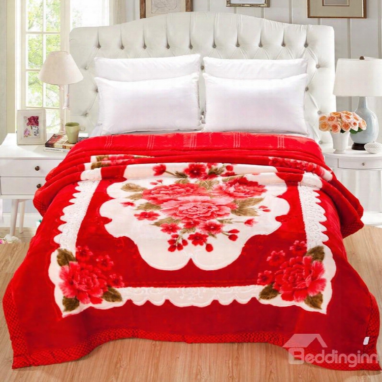 Red Peonies Blooming Printed Wedding Style Flannel Thick Bed Blankets