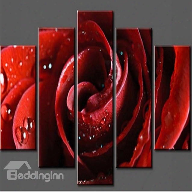 Red Rose With Droplets Hanging 5-piece Canvas Non-framed Wall Prints