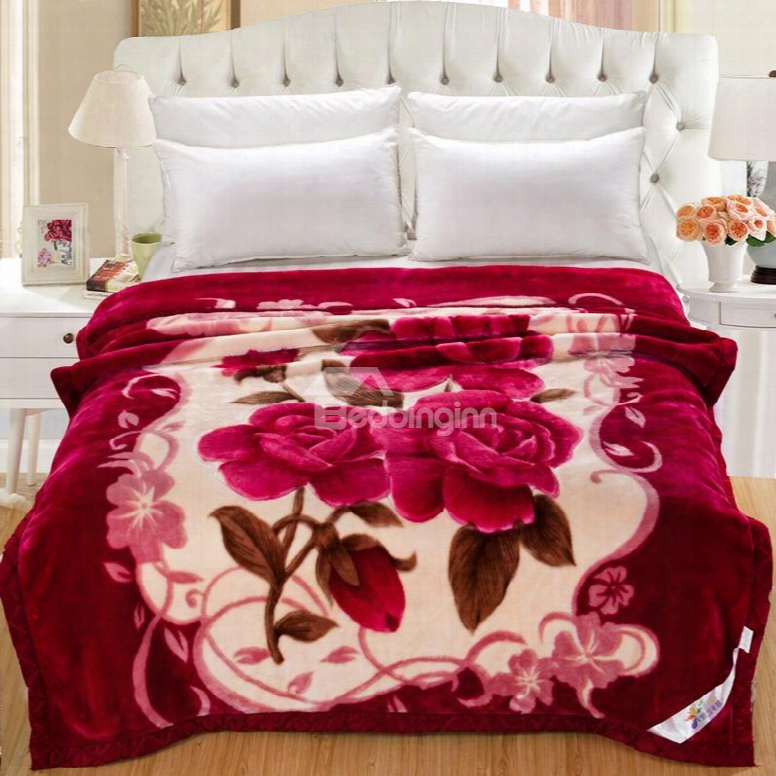 Rose Red Clip Cord Flowers Printed Flannel Fleece Bed Blankets