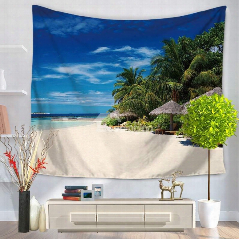 Sea Beach Scenery With Blue Sky Pattern Decorative Hanging Wall Tapestry