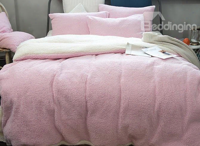 Solid Pink And White Reversible Polyester Faux Sherpa 4-piece Bedding Sets/duvet Cover