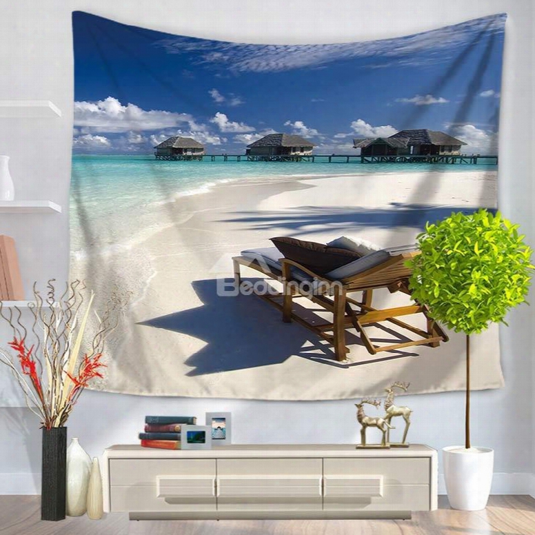 Sunny Sea Beach With Wooden Lounge Chair Pattern Decorative Hanging Wall Tapestry