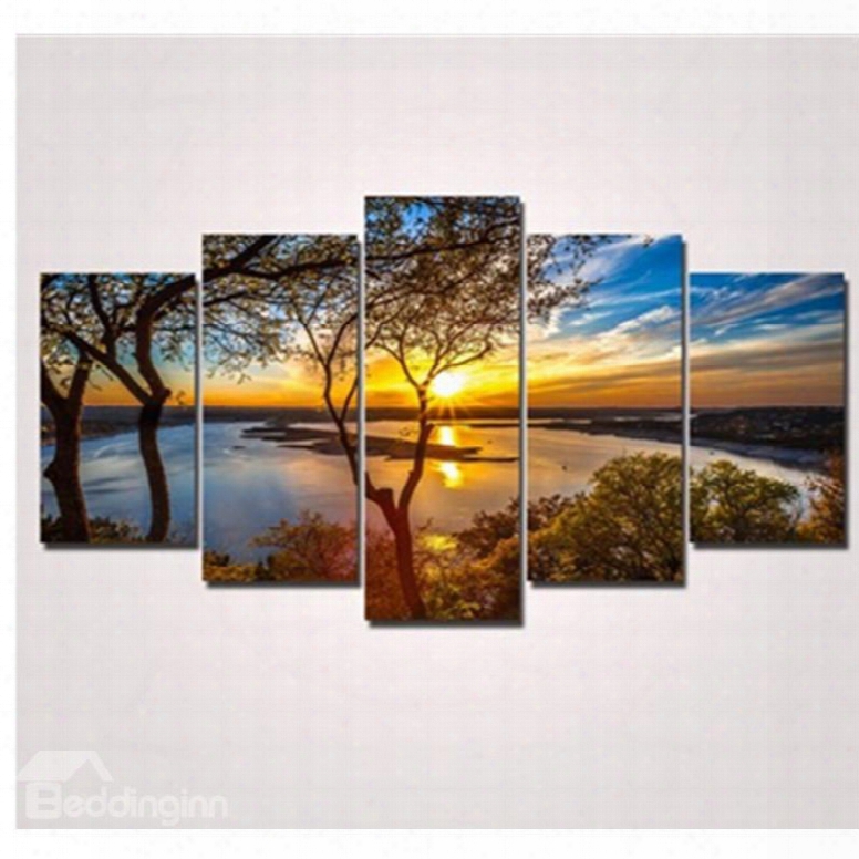 Sunrise And Lake 5-piece Canvas Haning Non-framed Wall Prints