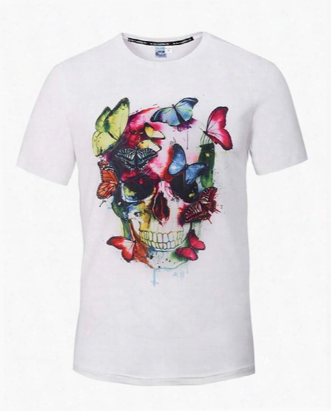 Super Round Neck Skull With Butterfly Pattern White 3d Painted T-shirt