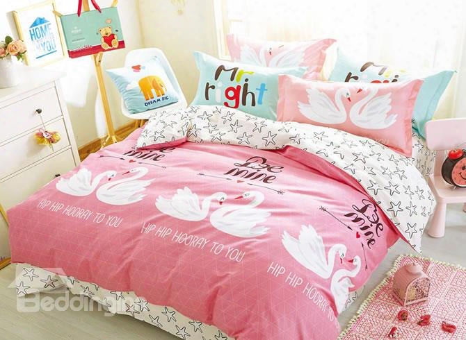 Swans Printed Cotton Pink Kids Duvet Covers/bedding Sets