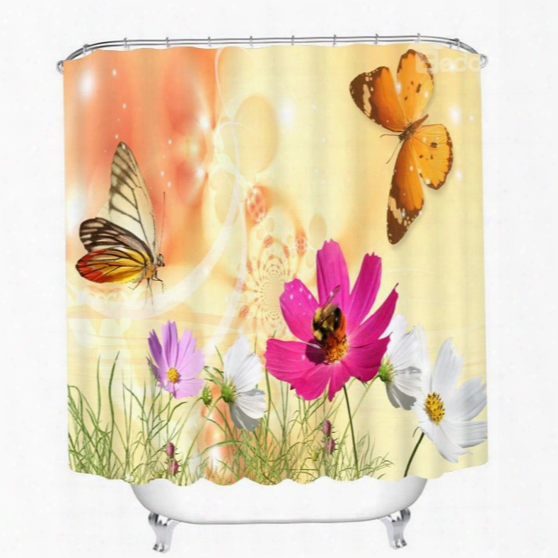 Vivid Butterfly And Colorful Flowers 3d Printed Bathroom Waterproof Shower Curtain