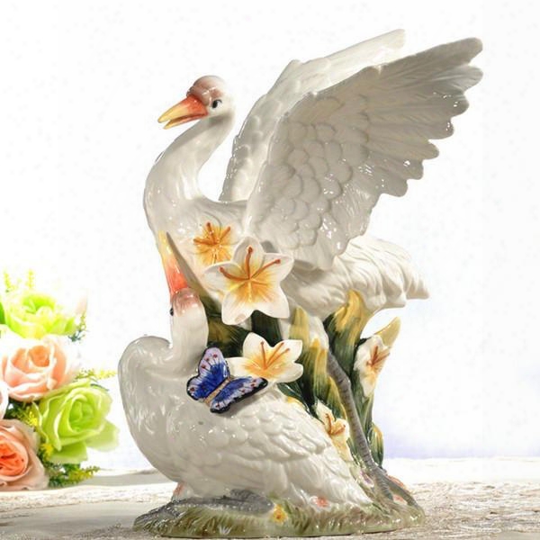 White Ceramic Flying Swan Shape Desktop Decoration Painted Pottery