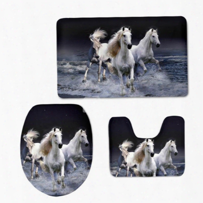 White Horses Running In Sea Flannel Pvc Soft Water-absorption Anti-slid Toilet Seat Covers