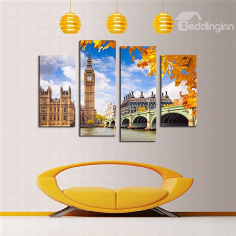 Yellow Architectures And Bridge 4-panel Canvas Hung Non-framed Wall Prints