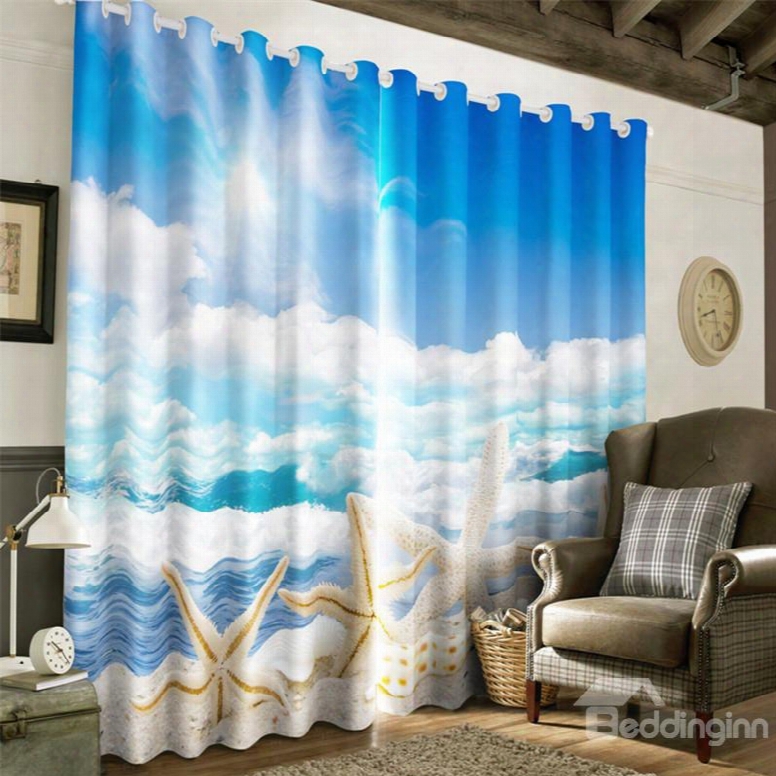 3d Beautiful Starfishes And Blue Sea And Clean Sky Printed Decorative And Blackout Drapes