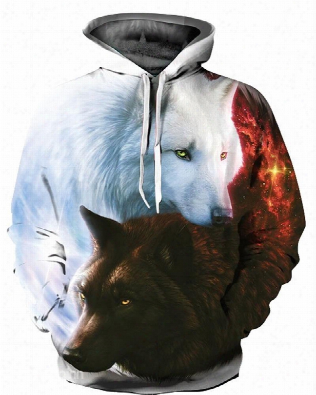 3d Black White Couple Wolfs Pattern Men Sweater Long Sleeve Cool Hoodies