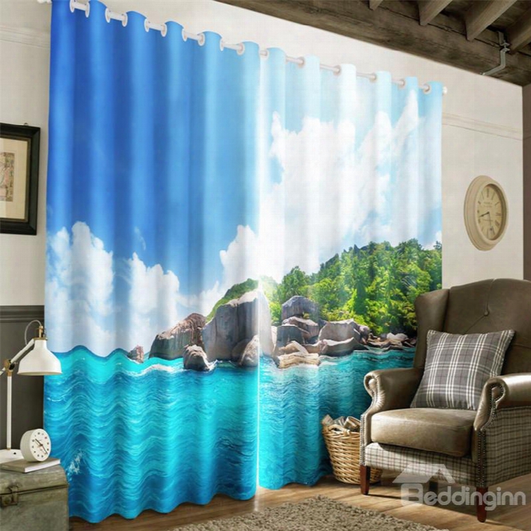 3d Blue Seawater And White Clouds With Green Trees Printed 2 Pieces Blackout Curtain