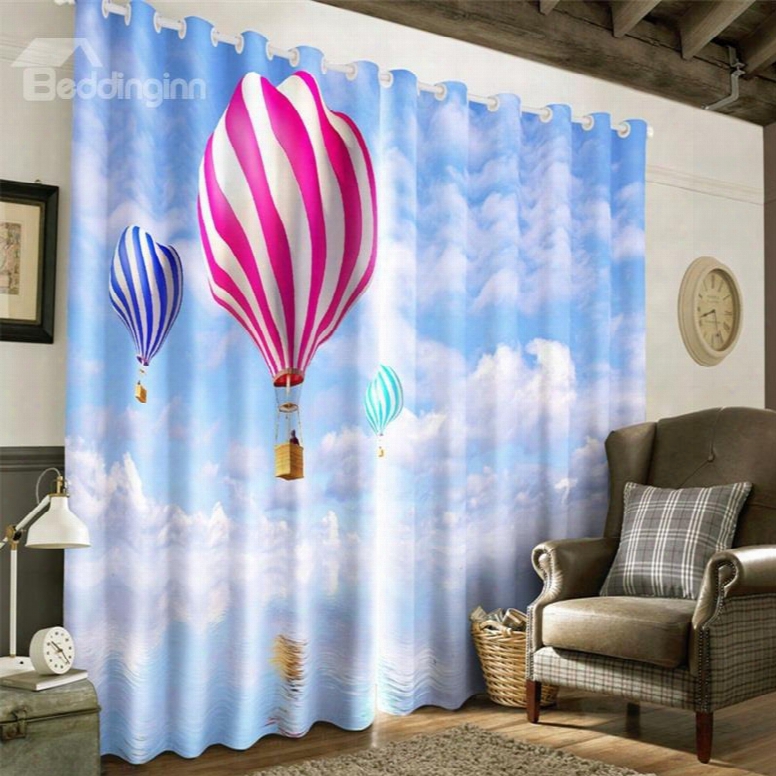 3d Blue Sky And White Clouds And Parachutes Printed Modern Style Grommet Top Curtain