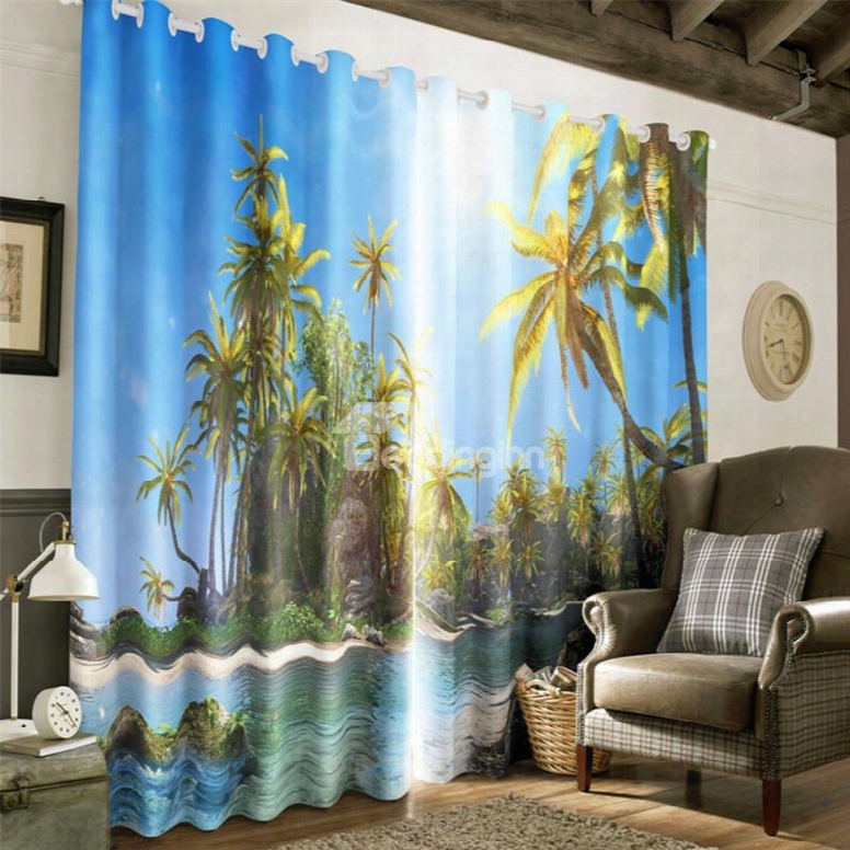 3d Bright Sunlight And Green Palm Tree With Blue Sea Printed Grommet Top Curtain